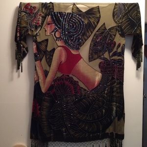 Chico's Hand Dyed, Velvet Burnout Evening Duster/Kimono w/ Beading & Tassels